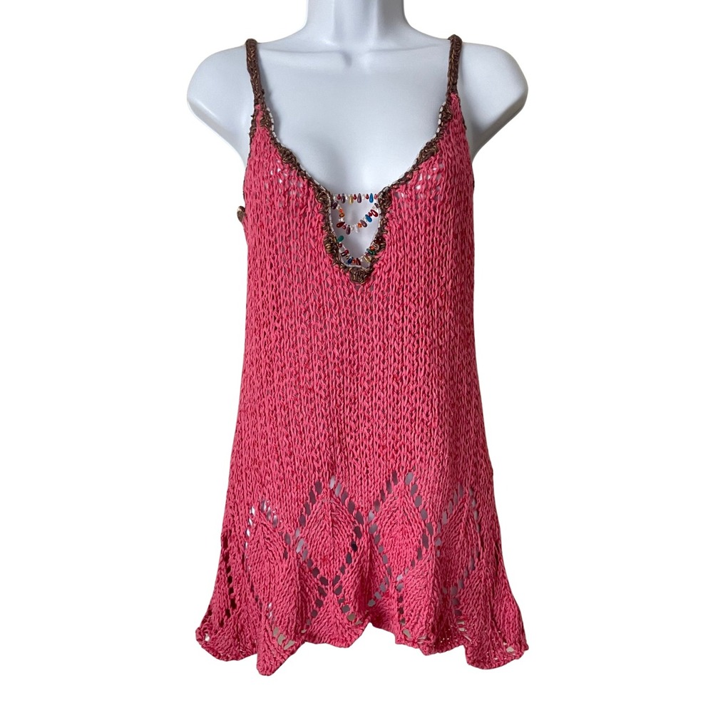 Laurie B Top Women Large Pink Crochet Beaded Cotton Open Knit Beach Cover Up